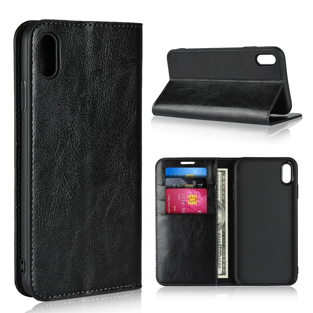 For iPhone XS Max 6.5 inch Crazy Horse Genuine Leather Wallet Case with Stand - Black - 1