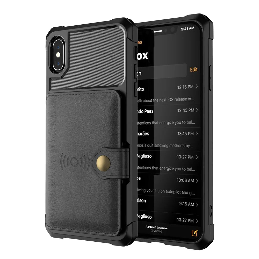 Leather Coated TPU Wallet Kickstand Casing with Built-in Magnetic Sheet for iPhone XS Max 6.5 inch - Black - 2