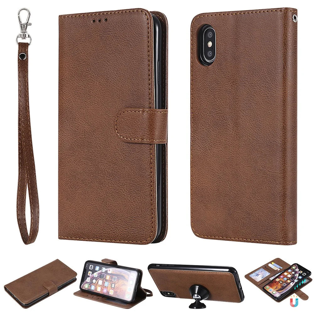 For iPhone XS Max Case 2 in 1 Detachable Magnetic Leather Wallet Mobile Cover with Strap - Brown - 1
