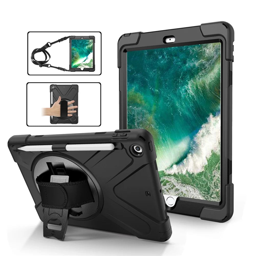 For iPad 9.7-inch (2018) / (2017) [X-Shape] PC + TPU Combo Case / 360 Degree Swivel Kickstand / Hand Strap and Shoulder Strap - Black - 2