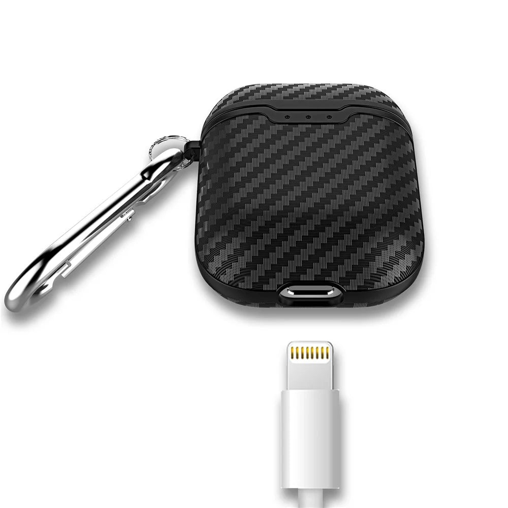 Carbon Fiber Texture TPU Protective Case for AirPods with Charging Case (2016) with Carabiner - Black - 3
