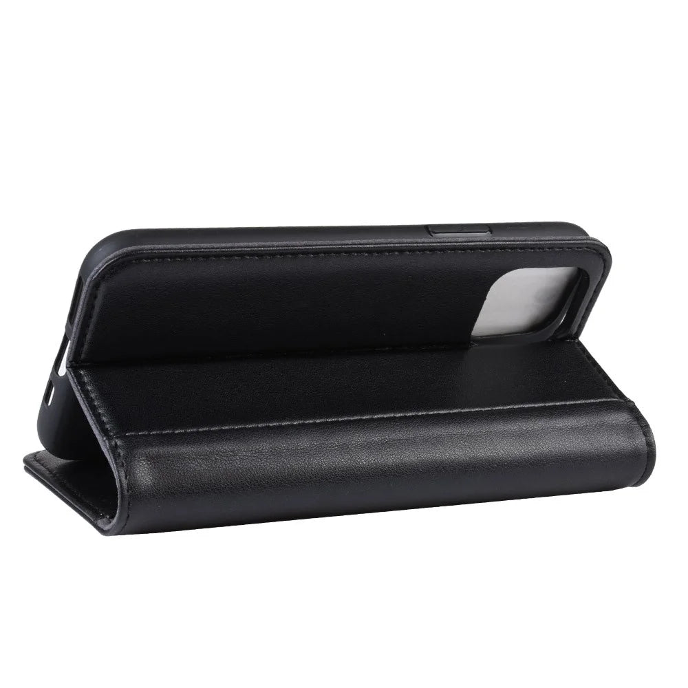 For iPhone 11 Pro Phone Cases Genuine Split Leather Wallet Mobile Cover Stand - Black - 6