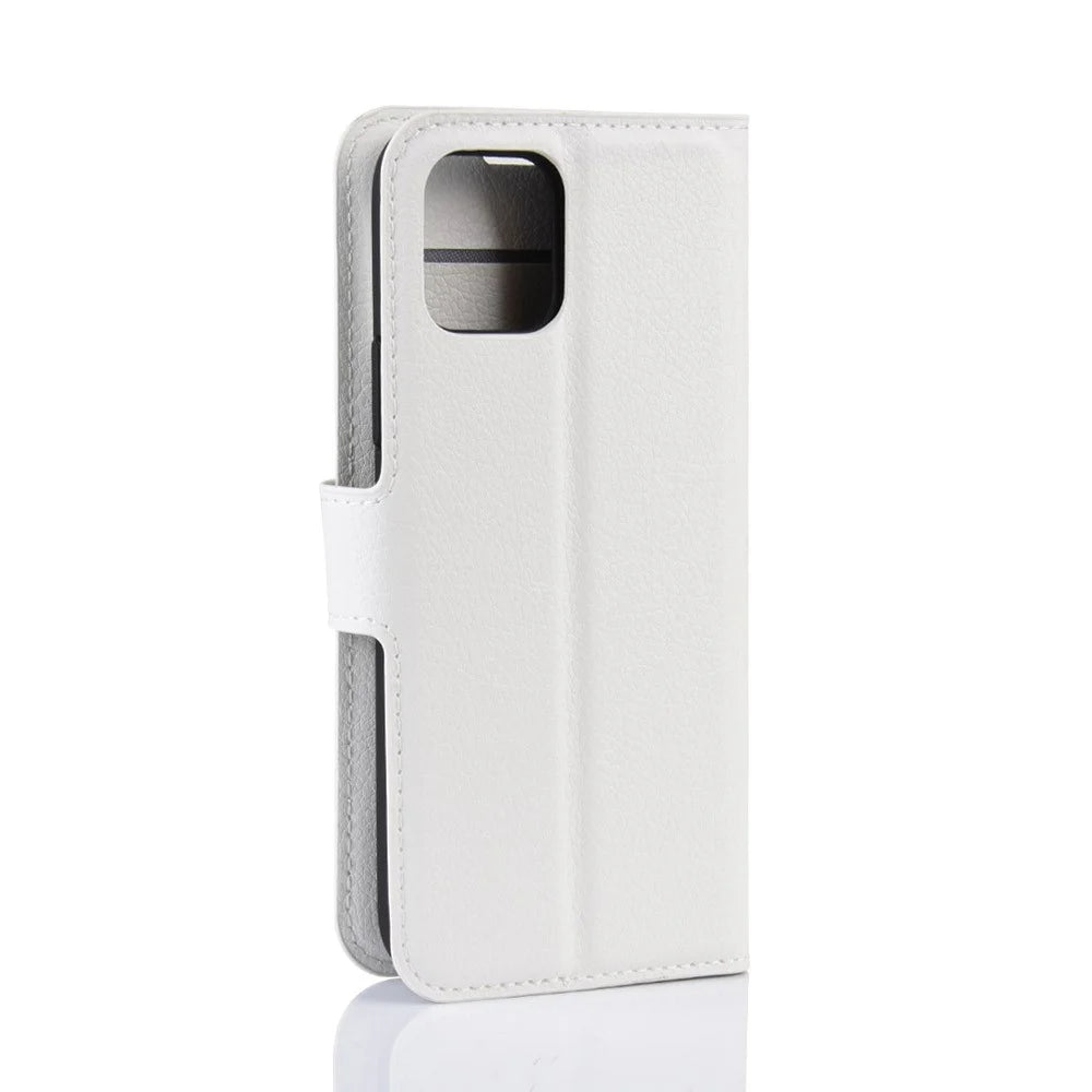 Litchi Skin Leather Wallet Stand Case for iPhone 11 6.1 inch (2019) with Soft TPU Inner Case - White - 6