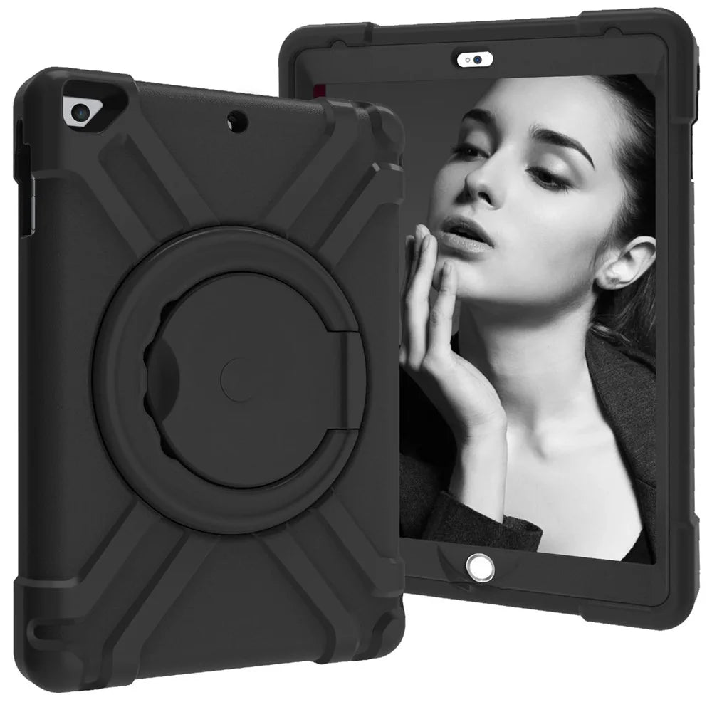 360° Swivel Kickstand PC + Silicone Hybrid Tablet Case for Apple iPad Air/Air 2/iPad 9.7-inch (2018) / iPad 9.7-inch (2017) - All Black - 1