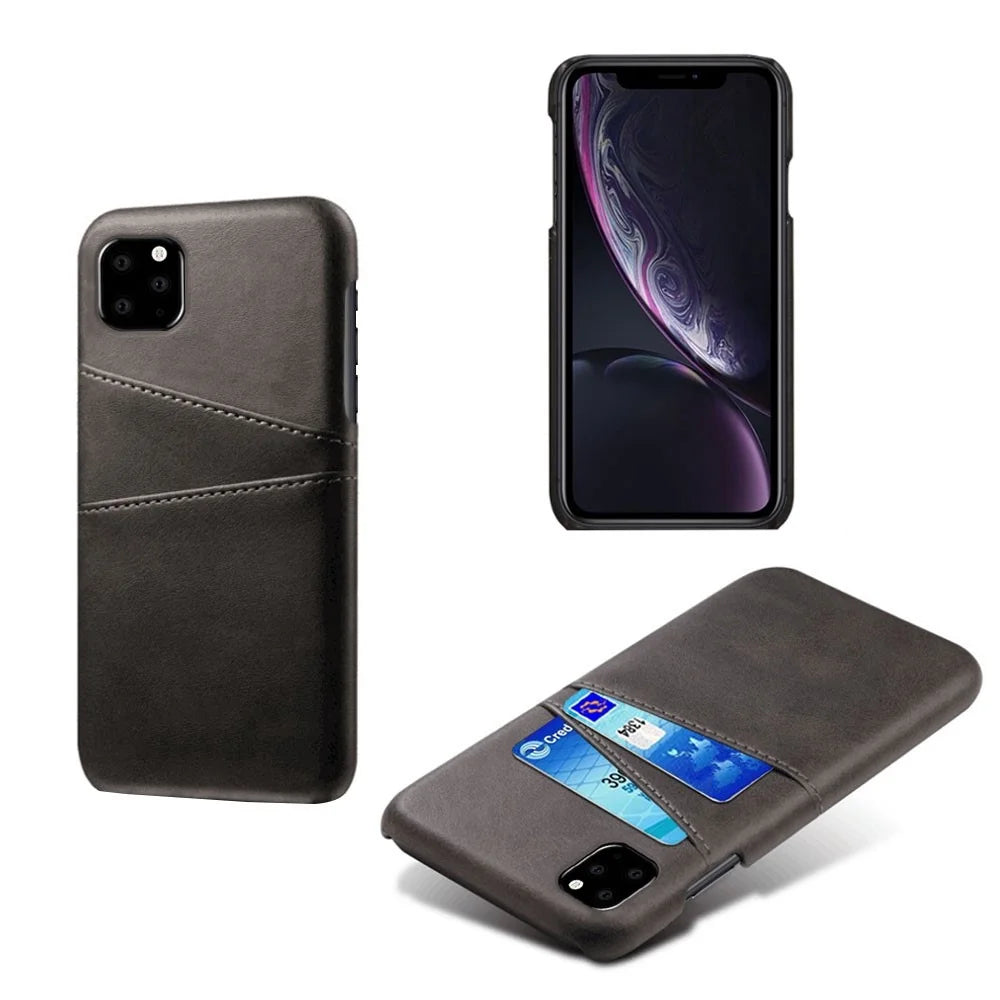 Double Card Slots Case for iPhone 11 6.1 inch, PU Leather Coated PC Slim Fit Protective Phone Cover - Black - 1