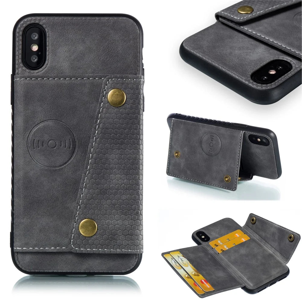 Kickstand Card Holder PU Leather Coated TPU Phone Shell Casing for iPhone X / XS 5.8 inch - Grey - 1