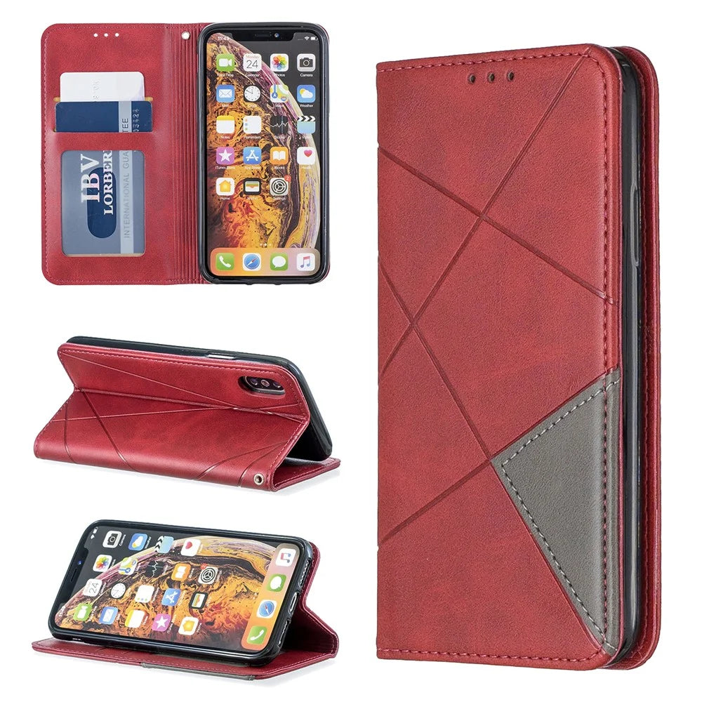 Geometric Pattern Leather Card Holder Phone Case with Stand for iPhone X / XS 5.8 inch - Red - 1
