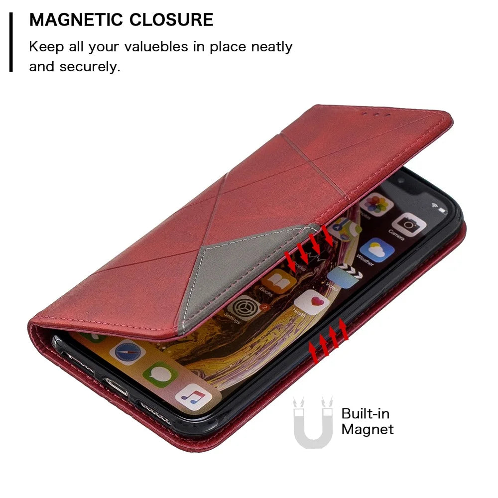 Geometric Pattern Leather Card Holder Phone Case with Stand for iPhone X / XS 5.8 inch - Red - 3