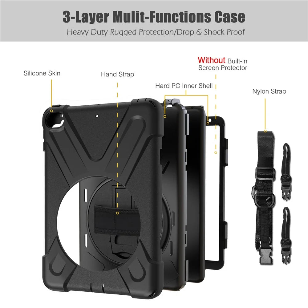 For iPad mini (2019) 7.9 inch / mini 4 X-Shape PC + TPU Rotary Kickstand Cover with Handstrap + Shoulder Strap - Black - 2