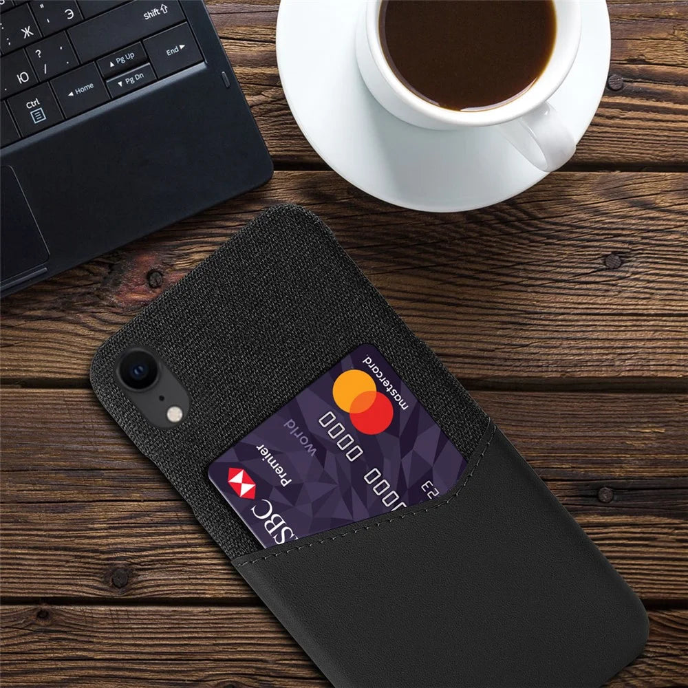 PC + PU + Cloth Hybrid Phone Back Cover Shell with Card Slot for iPhone XR 6.1 inch - Black - 2