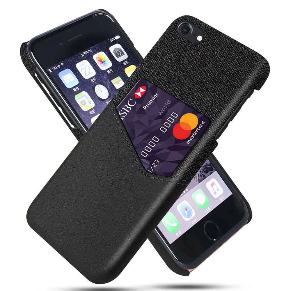 PC + PU + Cloth Hybrid Phone Cover Shell with Card Slot for iPhone 8 / 7 / SE (2020) / SE (2022) 4.7 inch - Black - 1