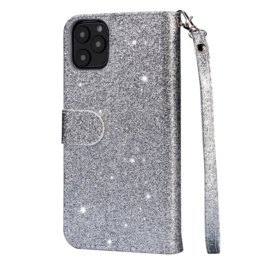 Flash Powder Zippered Stand Leather Wallet Cover with Strap for iPhone 11 6.1-inch (2019) - Silver - 3