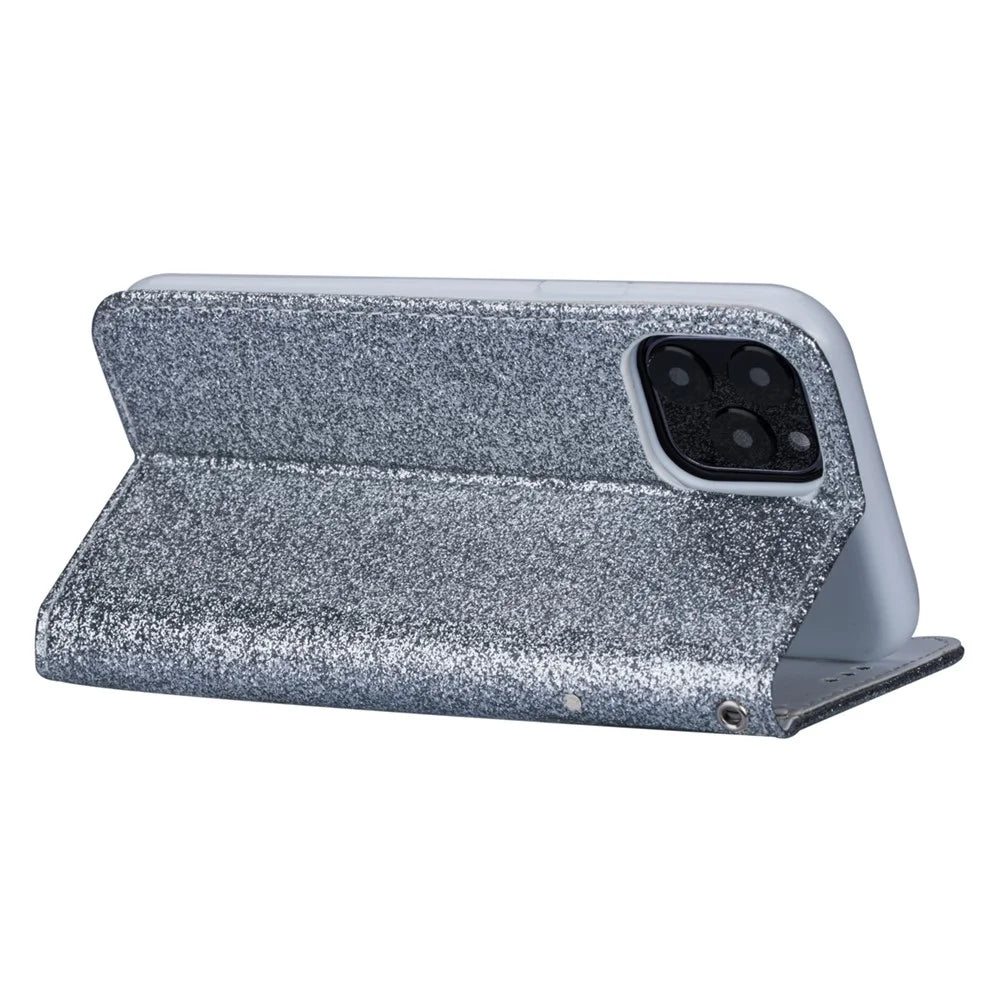 Flash Powder Zippered Stand Leather Wallet Cover with Strap for iPhone 11 6.1-inch (2019) - Silver - 5