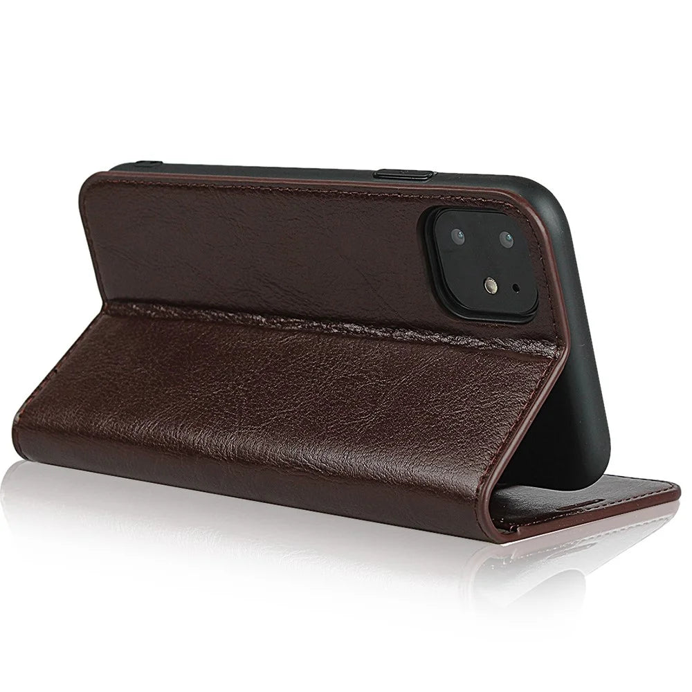 For iPhone 11 6.1 inch Crazy Horse Skin Genuine Leather Case Shockproof TPU Stand Wallet Flip Folio Cover - Coffee - 4