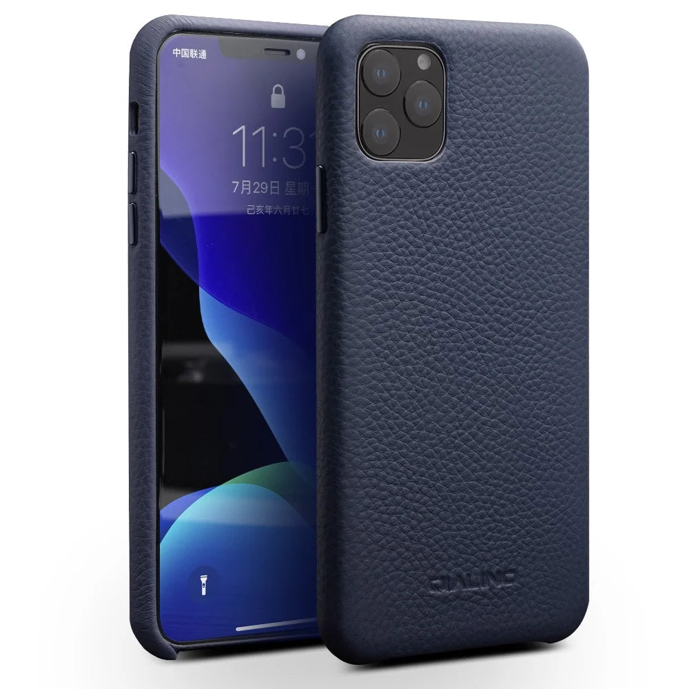 QIALINO for iPhone 11 Pro Max 6.5-inch Case Genuine Leather Litchi Texture Phone Back Cover - Dark Blue - 1