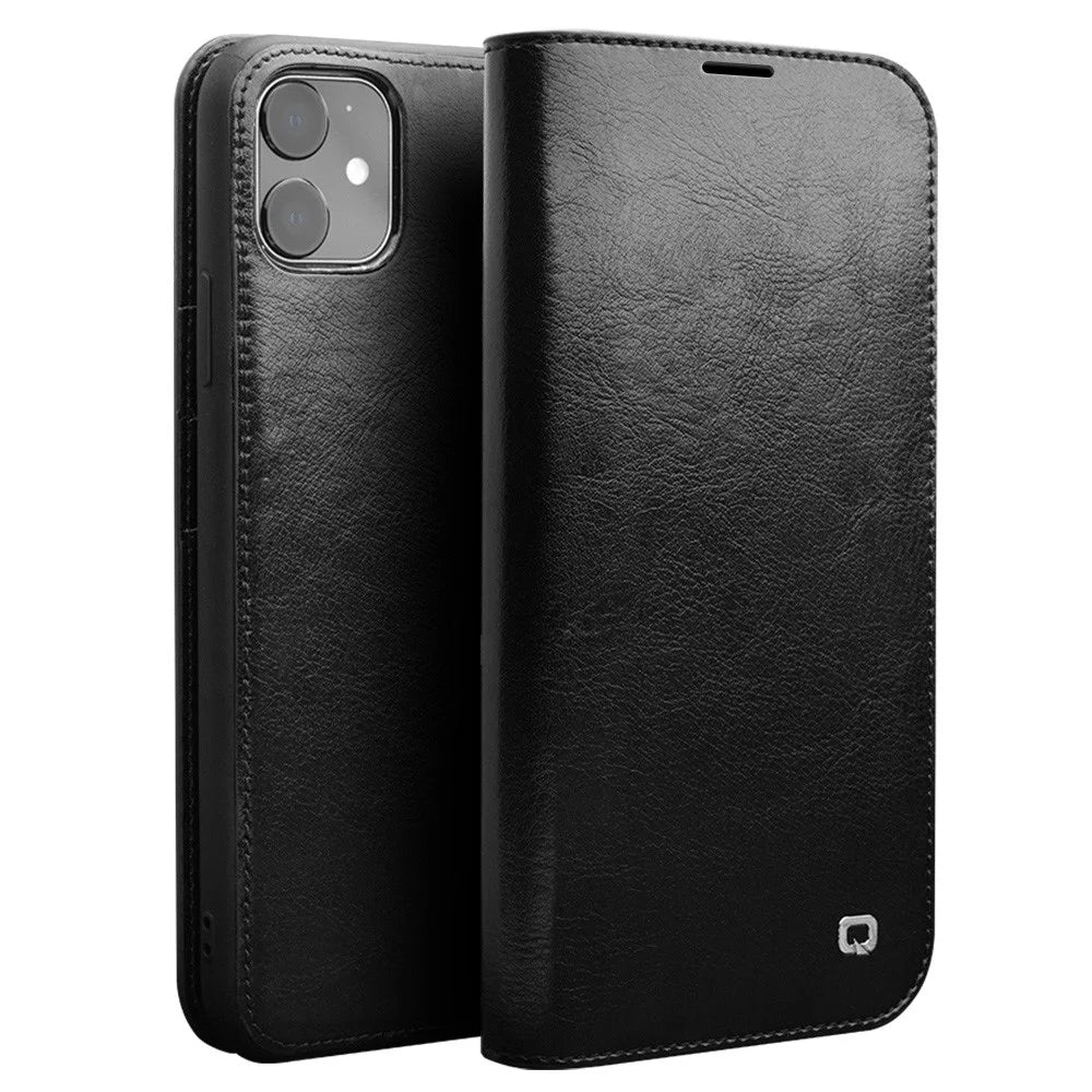 QIALINO For iPhone 11 6.1 inch Phone Case Genuine Cowhide Leather Wallet Protective Cover Shell - Black - 1