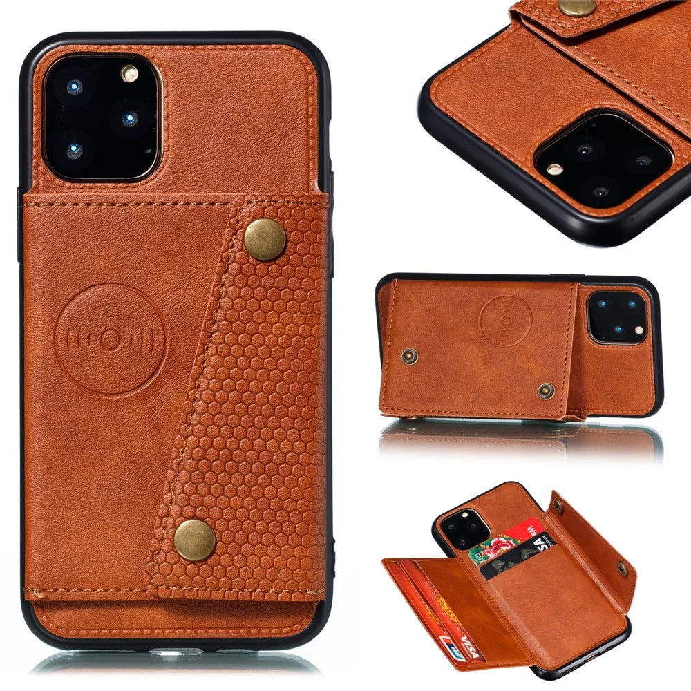 Kickstand Card Holder PU Leather Coated TPU Case for iPhone 11 6.1 inch - Brown - 1