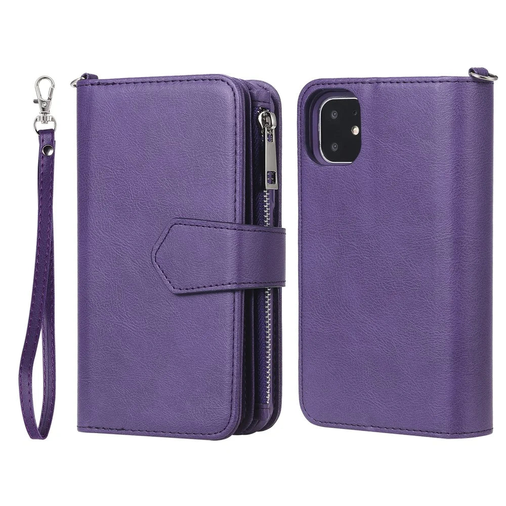 For iPhone 11 Magnetic Leather Case Mobile Cover with Detachable Zipper Wallet Strap - Purple - 3