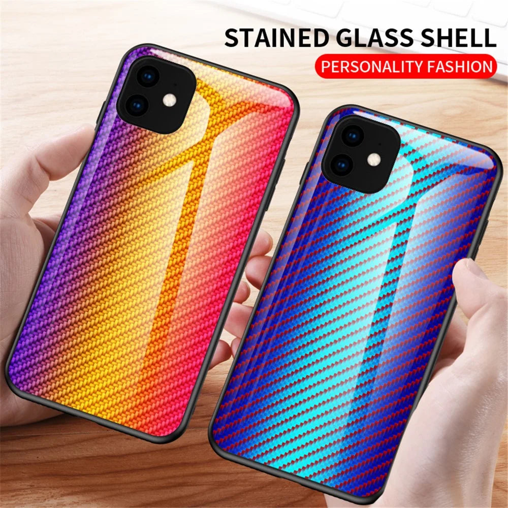 Carbon Fiber Texture Tempered Glass + PC + TPU Hybrid Phone Case for iPhone 11 Pro Max 6.5 inch (2019) - Colorful Fiber - 3