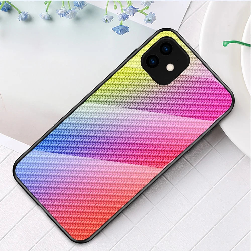 Carbon Fiber Texture Tempered Glass + PC + TPU Hybrid Phone Cover for iPhone 11 6.1 inch (2019) - Colorful Fiber - 1