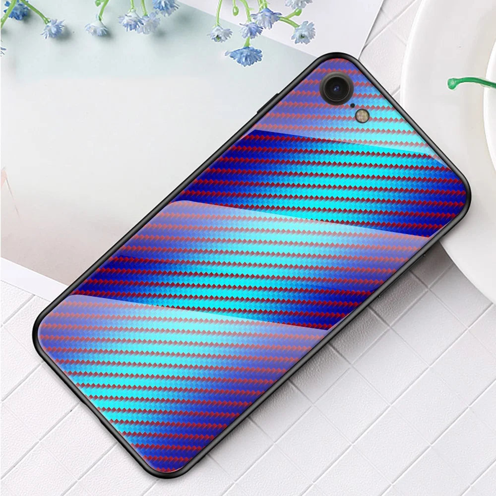 Carbon Fiber Skin Tempered Glass + PC + TPU Cell Case for iPhone 8/7/SE (2020)/SE (2022) - Blue Fiber - 1