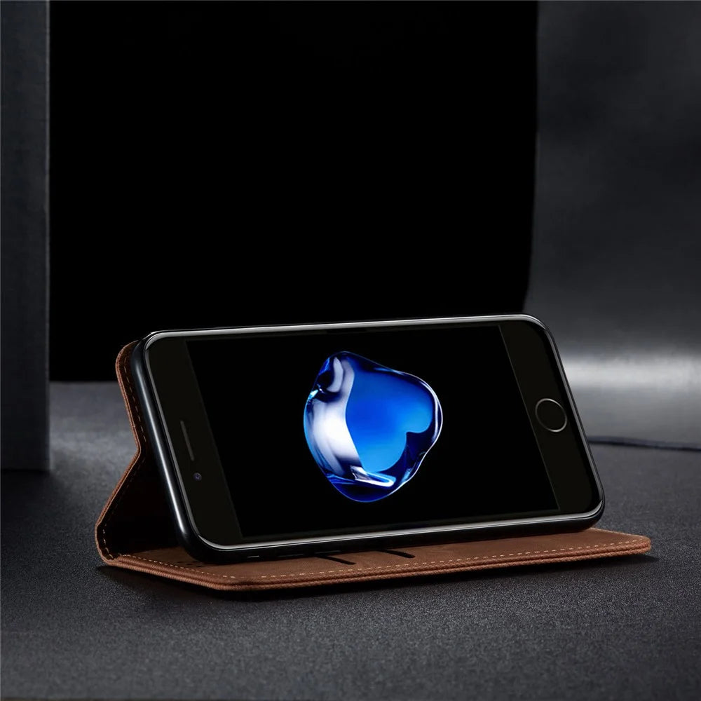 Jeans Cloth Texture Retro Style Leather Case for iPhone 6/6S - Brown - 5