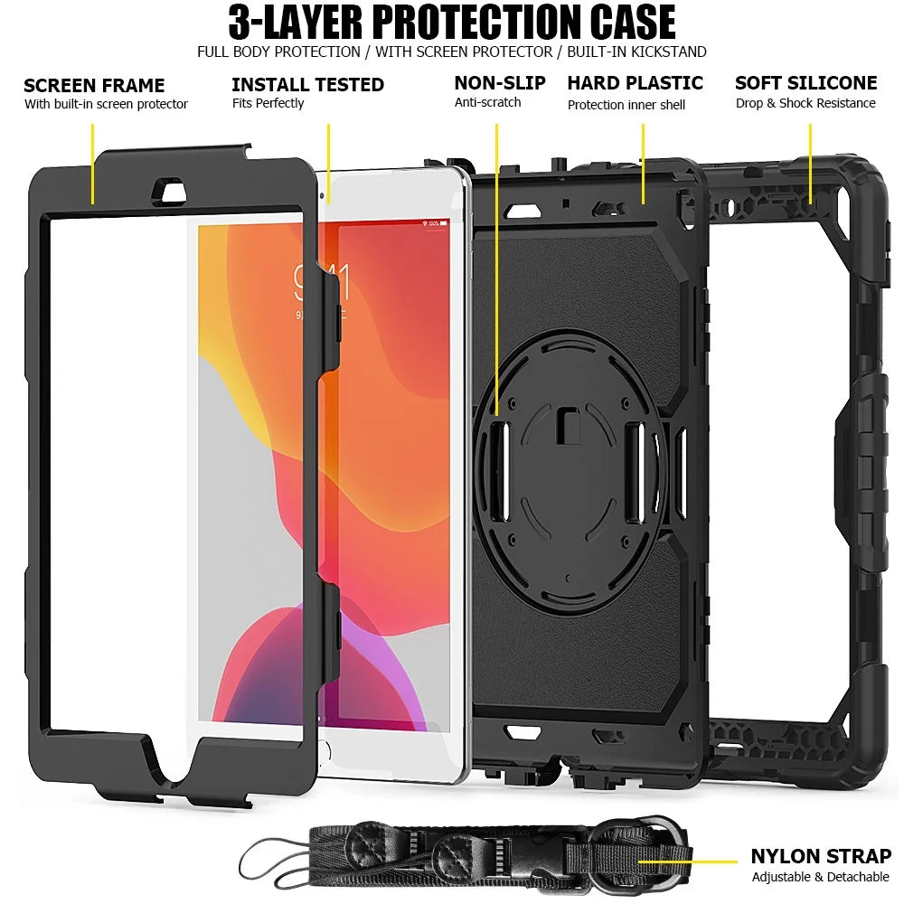 For iPad 10.2 (2020) / (2019) 360° Swivel Kickstand PC + Silicone Tablet Case Hand Strap Protective Cover with Shoulder Strap - All Black - 4
