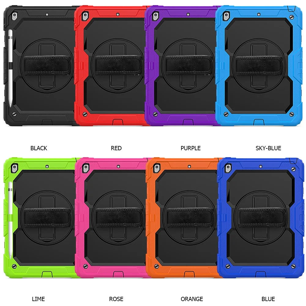For iPad 10.2 (2020) / (2019) 360° Swivel Kickstand PC + Silicone Tablet Case Hand Strap Protective Cover with Shoulder Strap - All Black - 7