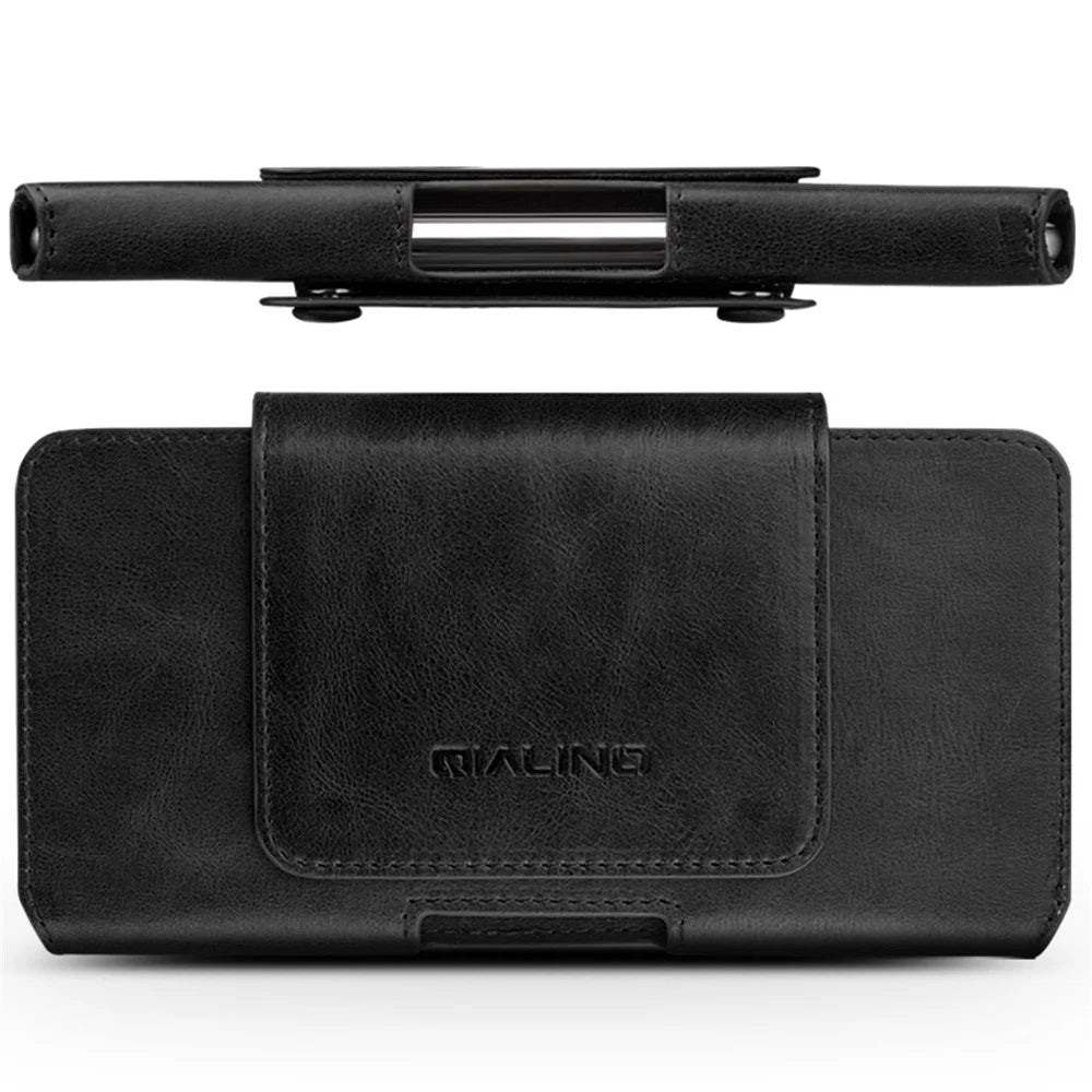 QIALINO Quality Cowhide Leather Holster Case Waist Bag for iPhone 16 / 16 Pro / 11 Pro Max 6.5-inch - Black - 6