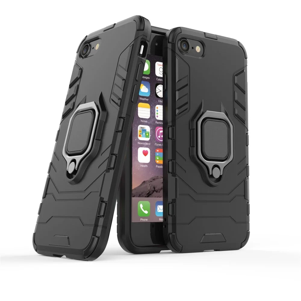 For iPhone 8 / 7 / SE (2020)/ SE (2022) 4.7 inch PC + TPU Cover with Finger Ring Kickstand - Black - 1
