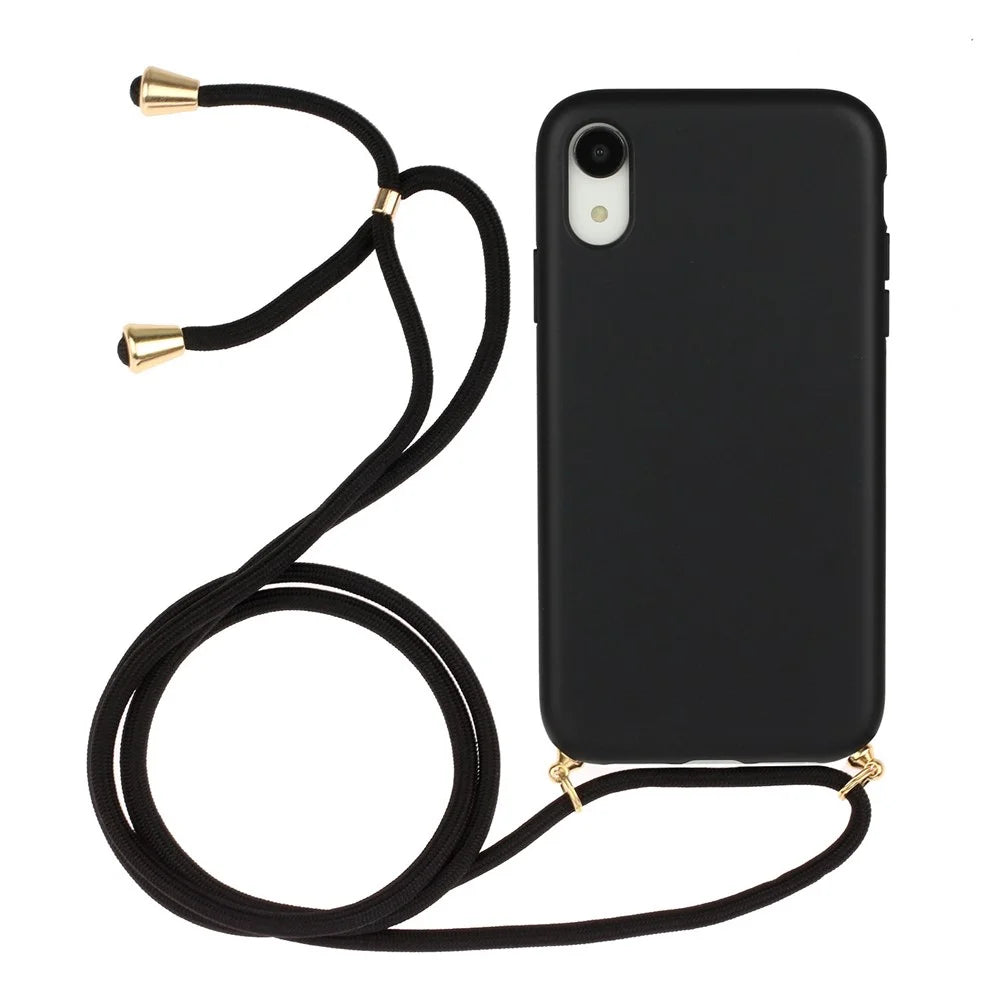 For iPhone XR 6.1 inch Biodegradable Wheat Straw Soft TPU Protective Phone Case with Multi-function Strap - Black - 1