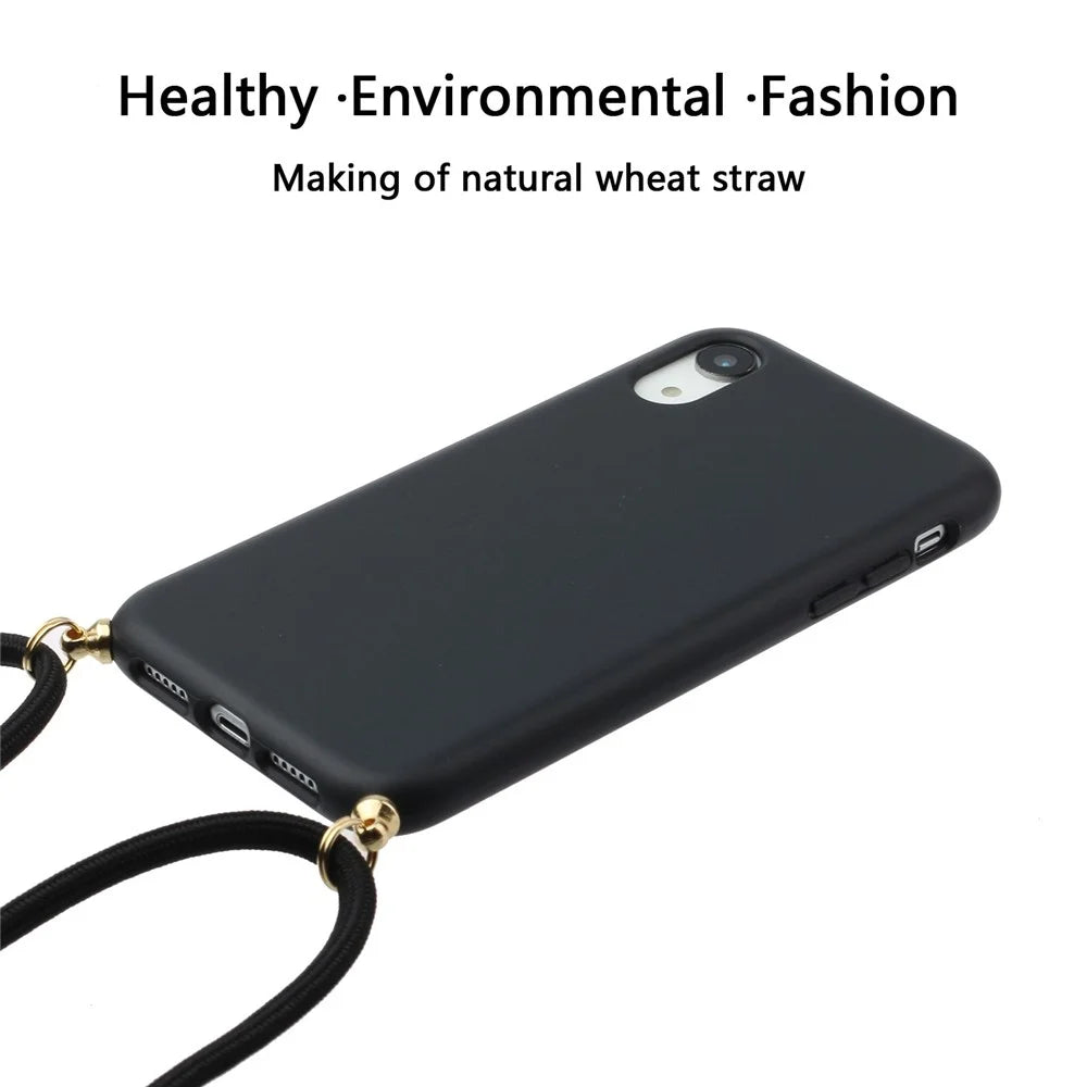 For iPhone XR 6.1 inch Biodegradable Wheat Straw Soft TPU Protective Phone Case with Multi-function Strap - Black - 2