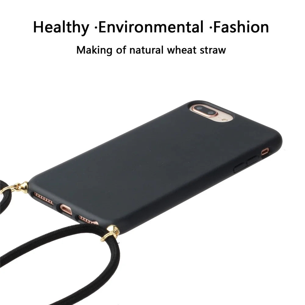 For iPhone 6 Plus/6s Plus/7 Plus/8 Plus 5.5-inch Natural Wheat Straw Soft TPU Phone Cover with Adjustable Strap - Black - 2