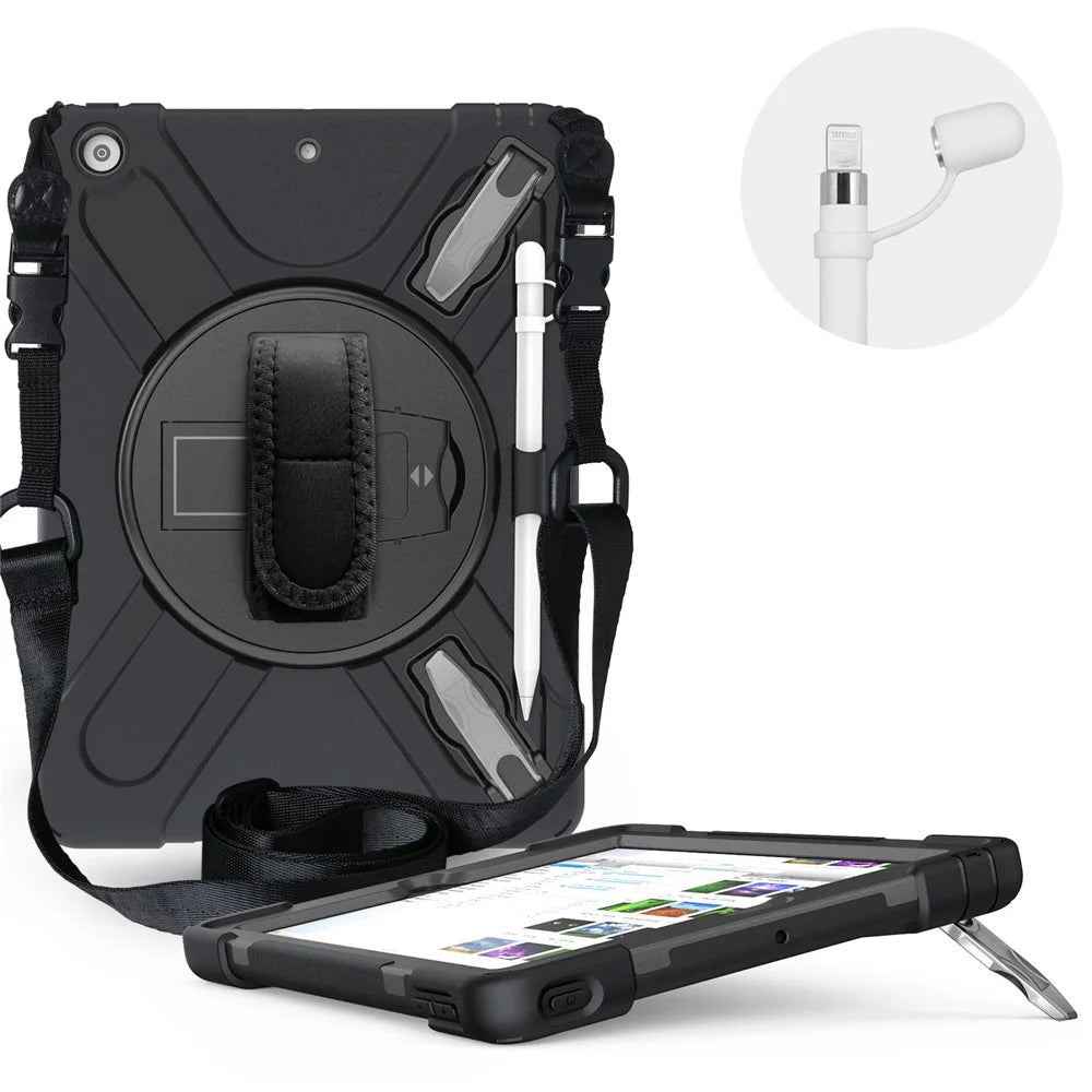 X-Shape PC + TPU Hybrid Case / Two Types Kickstand / Hand Strap and Shoulder Strap / Pen Slot for iPad 10.2 (2021)/(2020)/(2019) - Black - 4