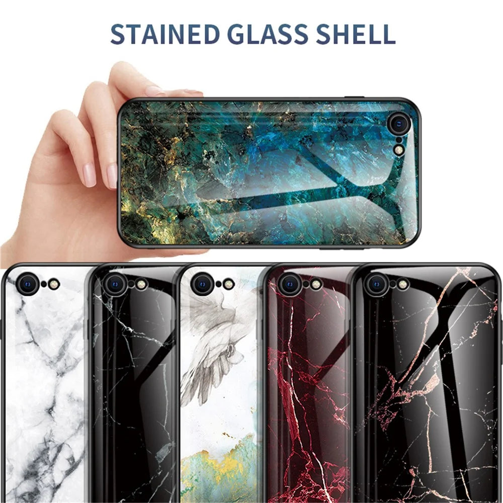 Marble Grain Pattern Tempered Glass PC + TPU Combo Case for iPhone SE (2nd Generation) - Emerald - 5