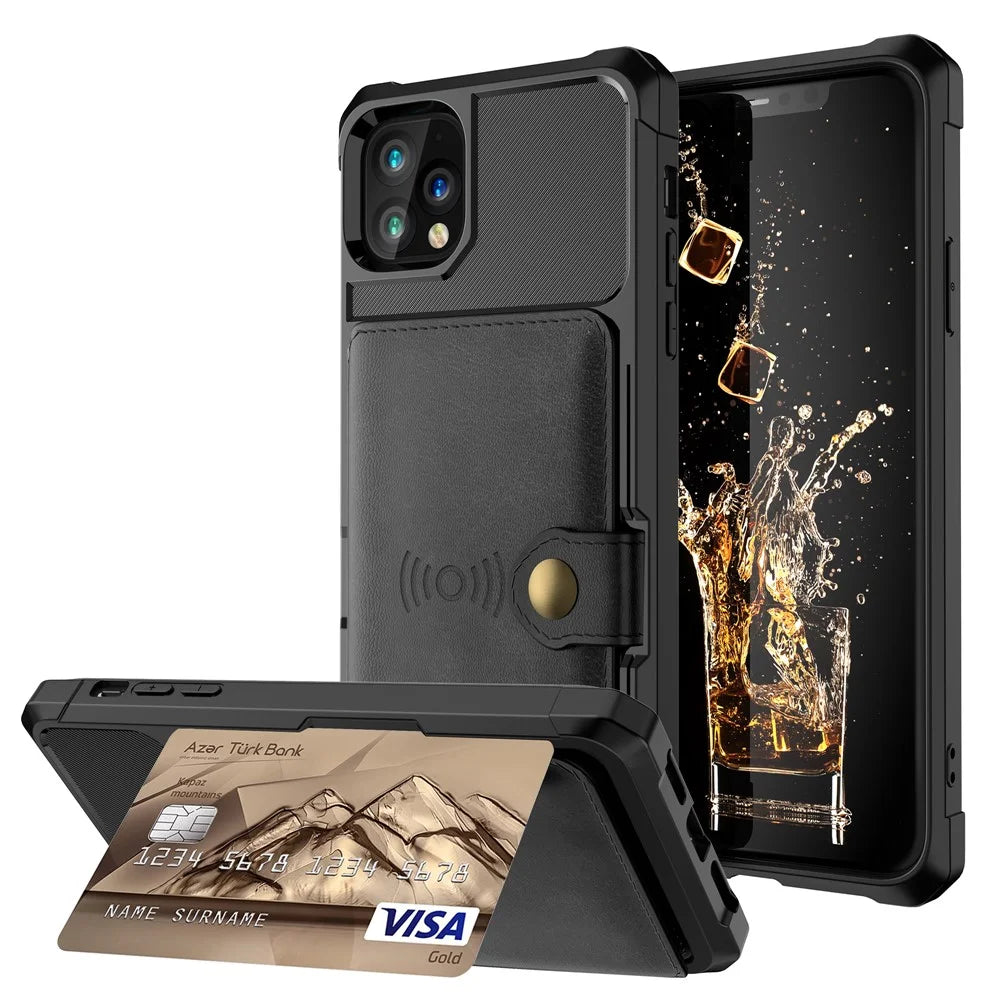 For iPhone 11 Pro Phone Cases with Card Holder Shockproof PU Leather Back Cover - Black - 1