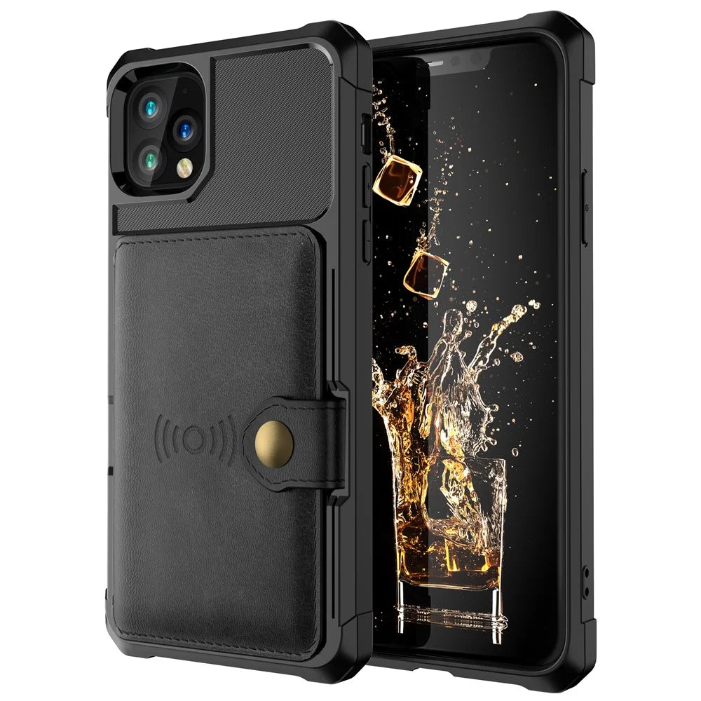 For iPhone 11 Pro Phone Cases with Card Holder Shockproof PU Leather Back Cover - Black - 2
