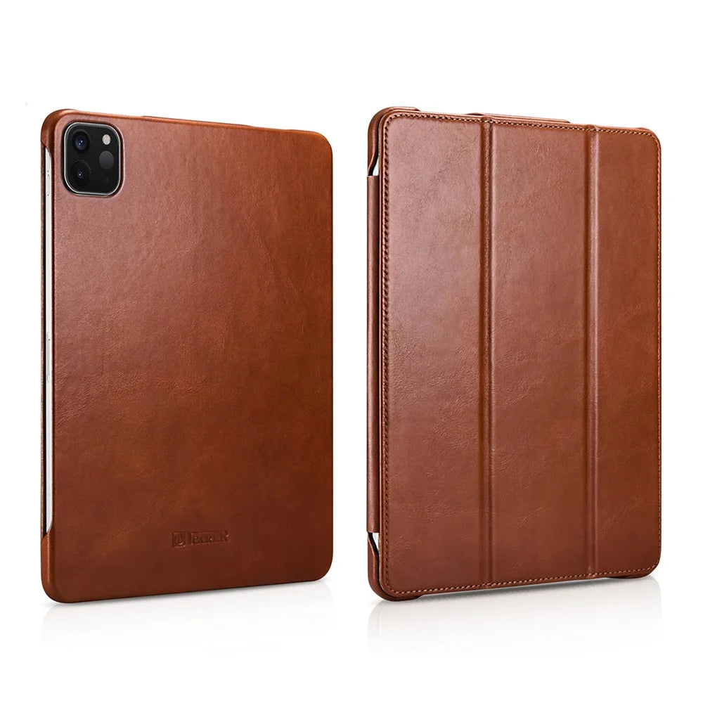 ICARER Retro Tri-Fold Genuine Leather Smart Case Shell for iPad Air 13 (2026) / (2025) / (2024) / Pro 12.9 (2022) / (2021) / (2020) / (2018) - Brown - 1