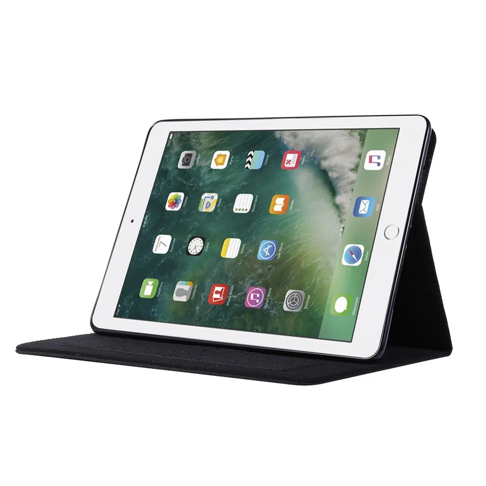 For iPad 9.7-inch (2018)/(2017) /iPad Air (2013)/Air 2 Tablet Case Cloth Texture Leather Protective Cover with Card Slots Stand - Black - 5