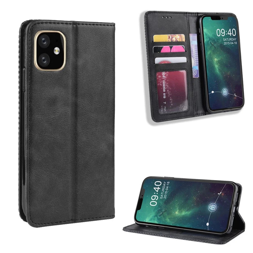 Auto-absorbed Retro PU Leather Stylish Cover for iPhone 12 - Black - 1