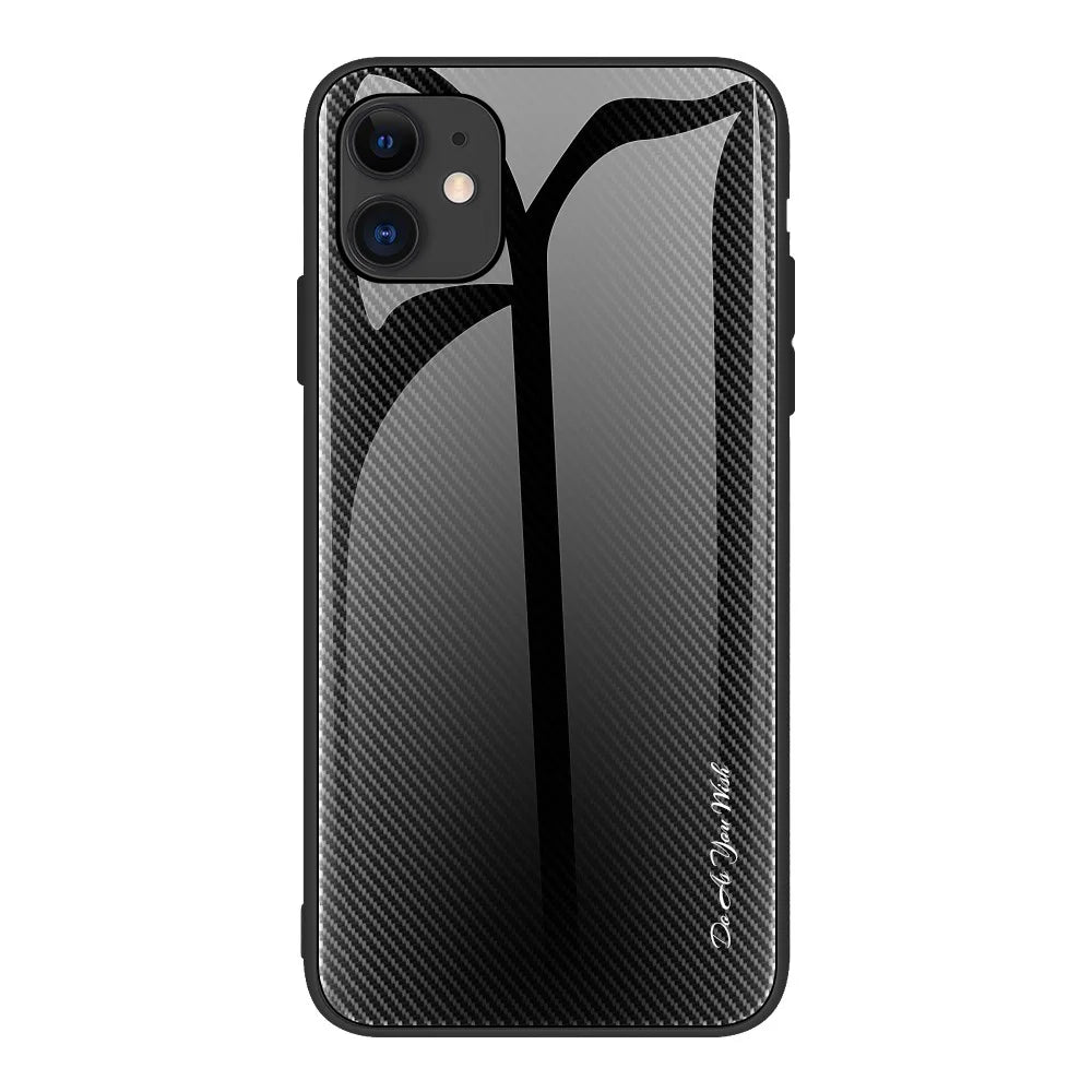 Carbon Fibre Texture Glass Back + TPU Combo Shell for iPhone 12/12 Pro 6.1 inch - Black - 1