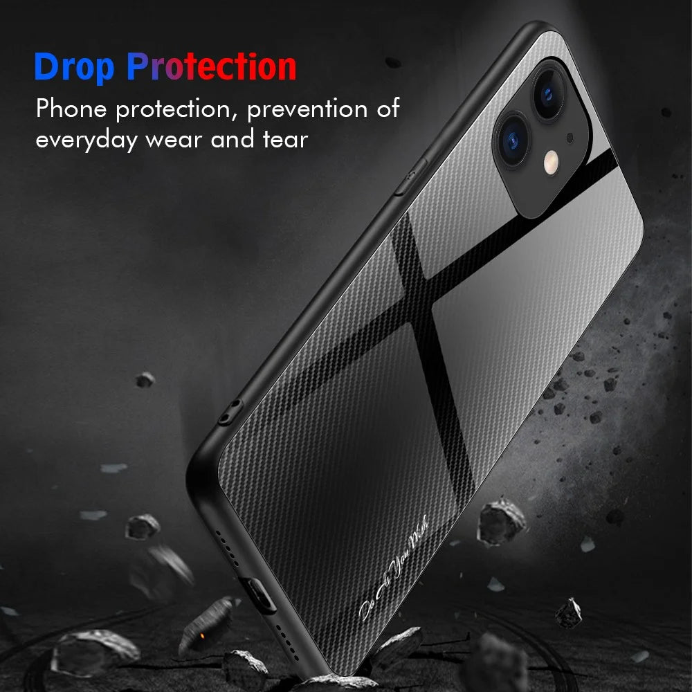 Carbon Fibre Texture Glass Back + TPU Combo Shell for iPhone 12/12 Pro 6.1 inch - Black - 2