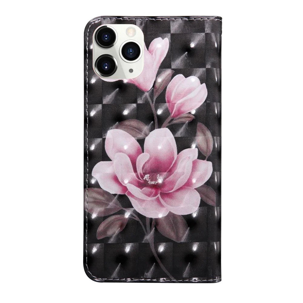 Light Spot Decor Patterned Leather Wallet Case for iPhone 12 mini - Pink Flowers - 3