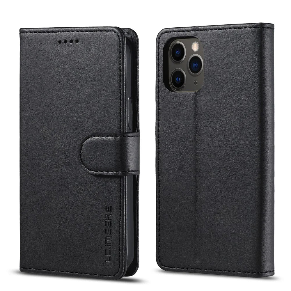 LC.IMEEKE Card Holder Leather Wallet Stand Cover Phone Case for iPhone 12 Pro 6.1 inch - Black - 1