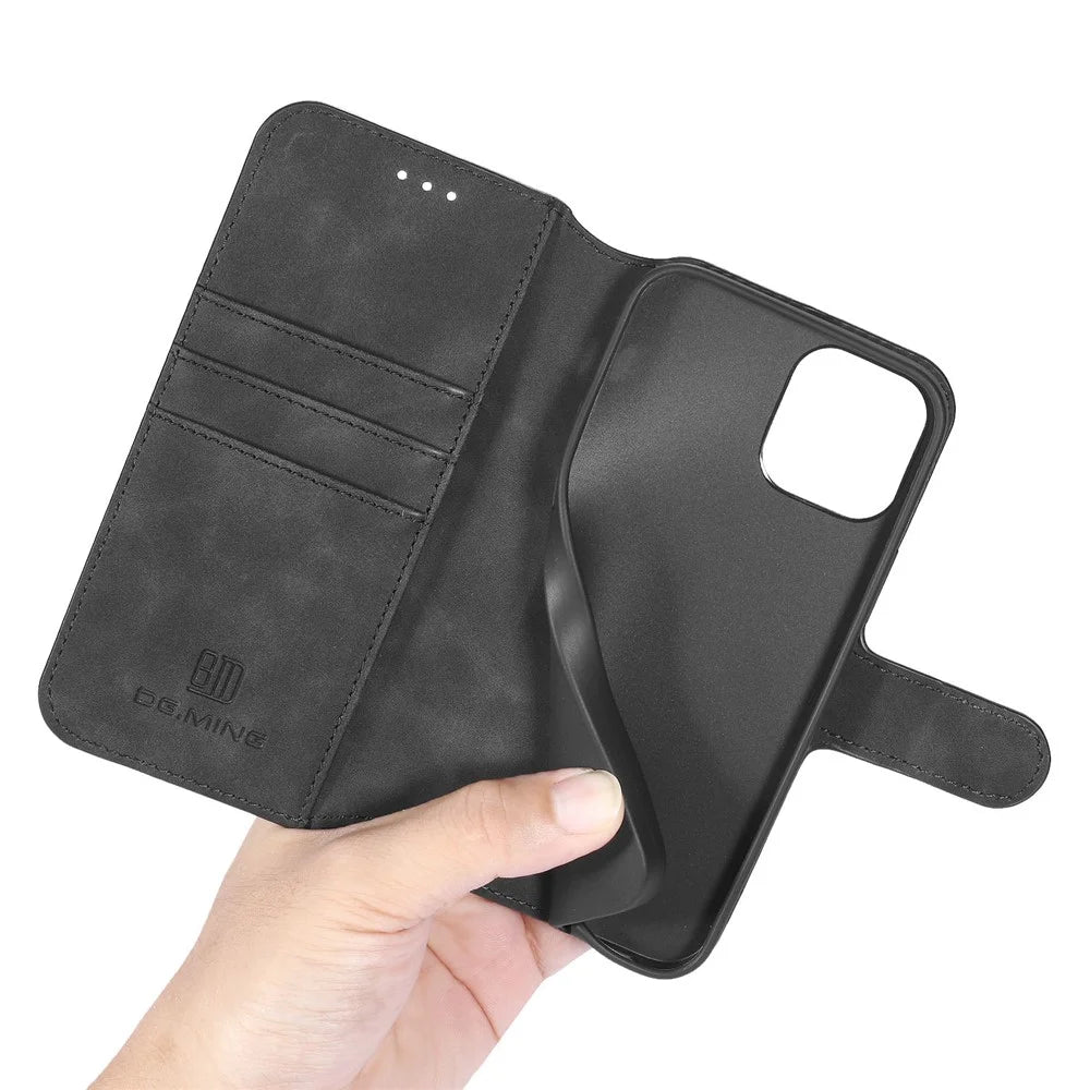 DG.MING Retro Style Leather Wallet Stand Case for iPhone 12 mini - Black - 7