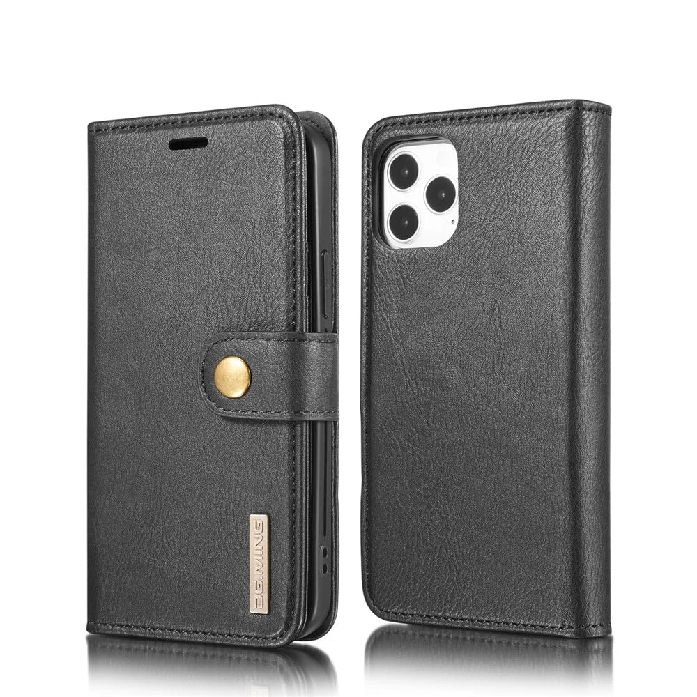 DG.MING Detachable 2-in-1 Anti-scratch Split Leather Wallet Shell + PC Back Shell for iPhone 12 Pro Max 6.7 inch - Black - 2