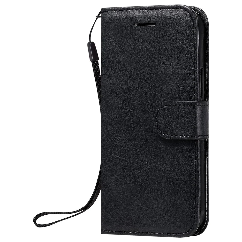 For iPhone 12 mini Case Solid Color Leather Mobile Cover Wallet Stand with Strap - Black - 2