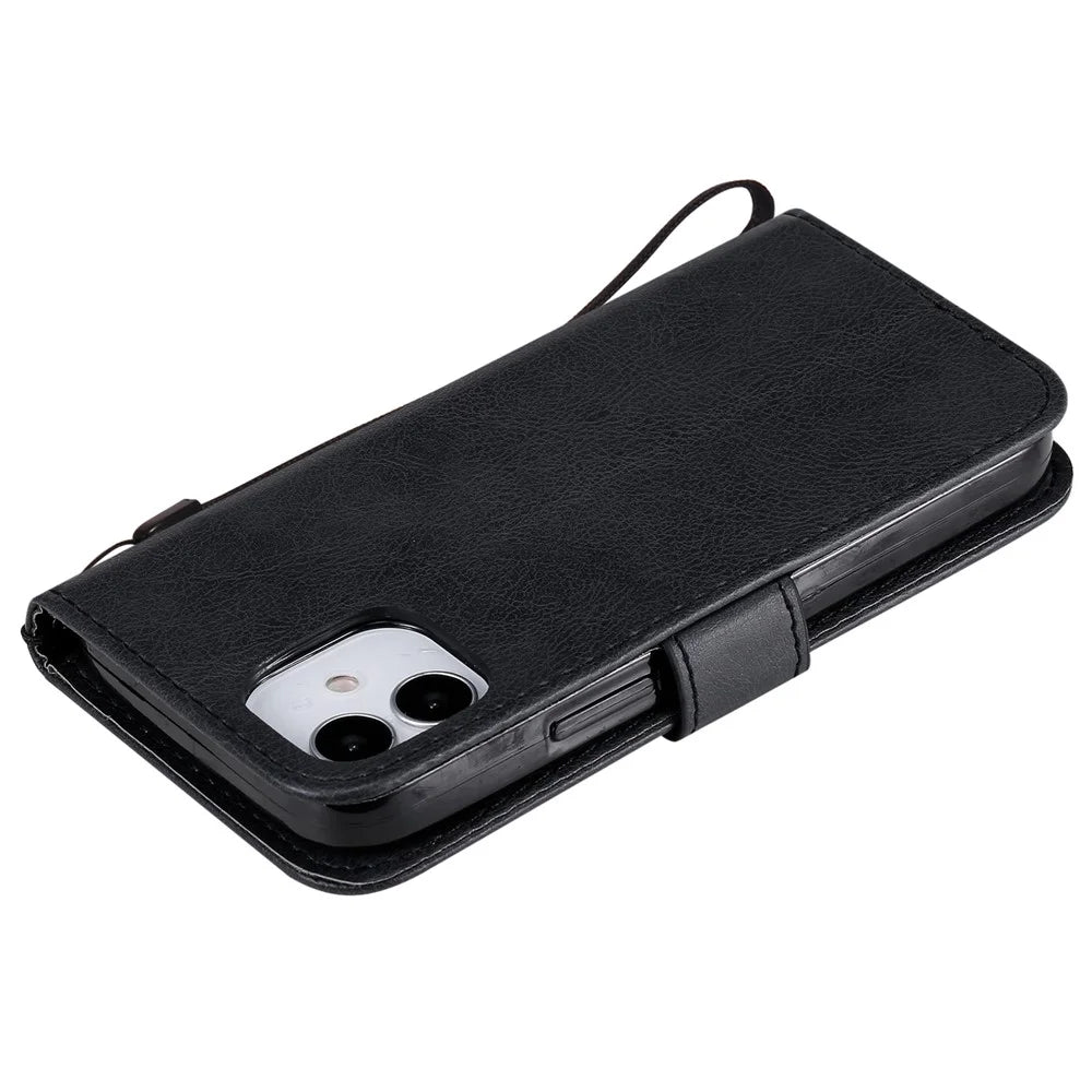 For iPhone 12 mini Case Solid Color Leather Mobile Cover Wallet Stand with Strap - Black - 6