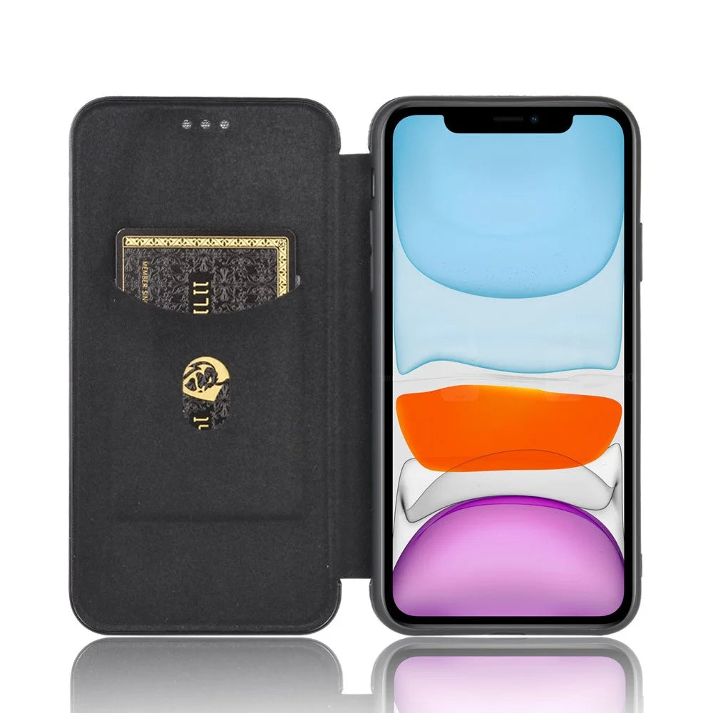Carbon Fiber Auto-absorbed Stand Leather Mobile Case for iPhone 12 Pro/12 - Black - 5