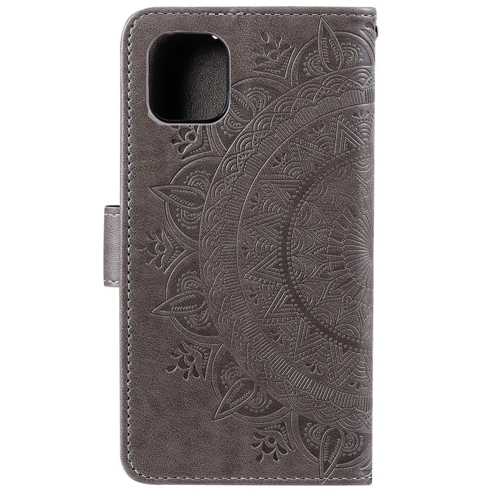 Imprinted Mandala Flower PU Leather Wallet Case Stand Magnetic Closure Flip Cover with Lanyard for iPhone 12 mini 5.4 inch - Grey - 3